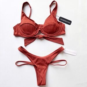Somerfield Swim NWT Bikini Set Small Rust Orange Ribbed Underwire High Cut